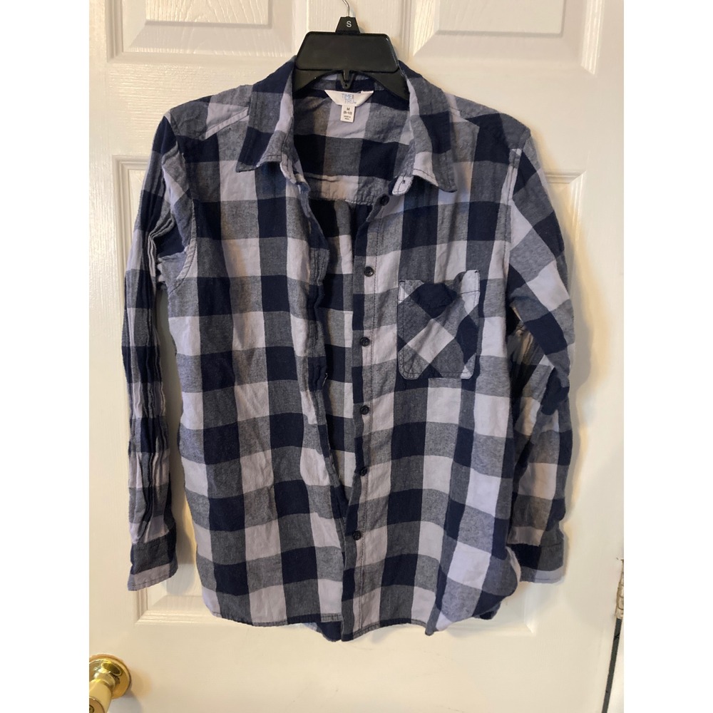 Time and Tru Womens NavyBlue Buffalo Plaid Flannel Button Down Shirt Size M 8-10